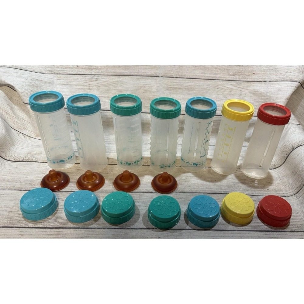 Lot of 7 Vintage 90's Playtex Original Nurser Bottles & 4 Flat Top Nipples Tub8
